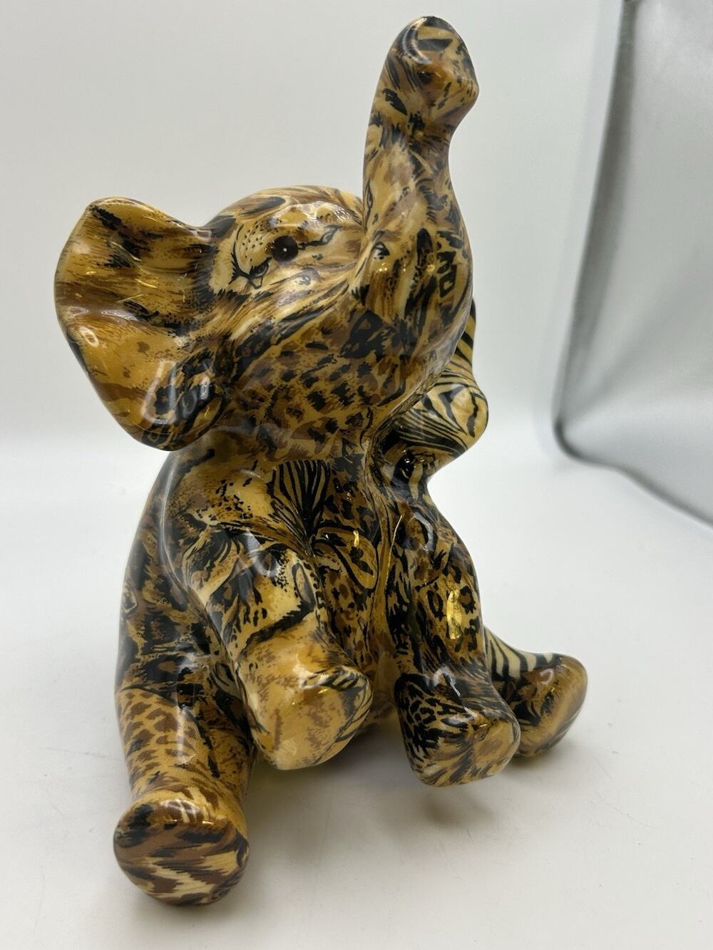 Vintage La Vie Elephant Sitting Safari Patchwork Animal Print Ceramic Figurine